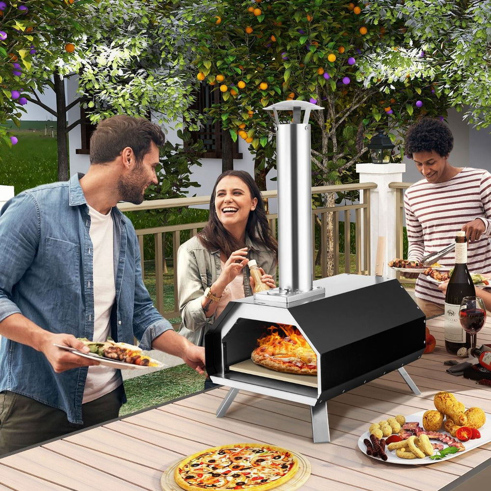 Four Pizza Extrieur en Acier Inoxydable avec Pierre Pizza de 30,5cm Four Bois pour Pizza avec Pelle Pare-feu Pieds Pliables -