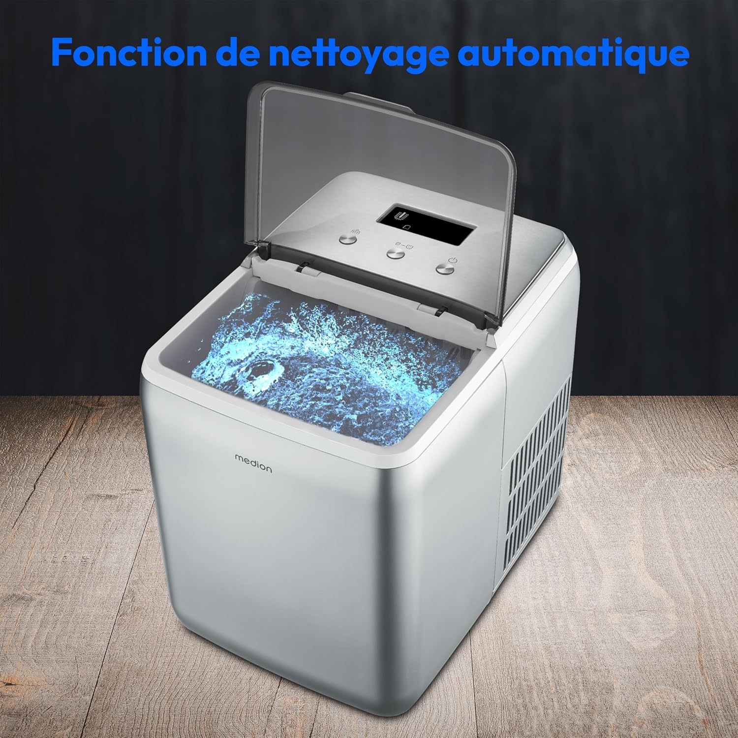 MEDION Ice maker (ice cube size small & large, 2.6 litre water tank, short production time approx. 10 minutes, crystal clear ice cubes, self-cleaning, control window, screen,