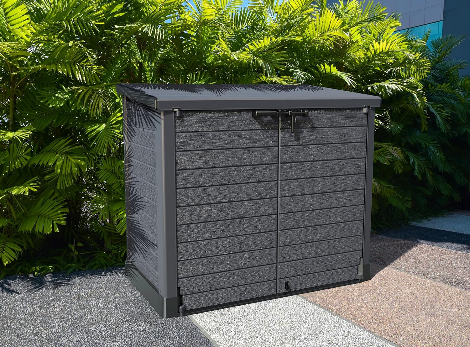 Duramax StoreAway 1200L Plastic Garden Shed/ Flat Lid, Outdoor Storage Shed, Wheelie Bin Hideaways, Wheelie bin box, Durable Construction, Ideal for Bikes, BBQs & 2x 240L Bins, 145x85x125 cm, Brown