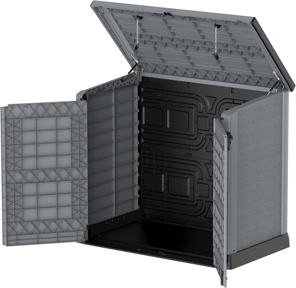 Duramax StoreAway 1200L Plastic Garden Shed/ Flat Lid, Outdoor Storage Shed, Wheelie Bin Hideaways, Wheelie bin box, Durable Construction, Ideal for Bikes, BBQs & 2x 240L Bins, 145x85x125 cm, Brown