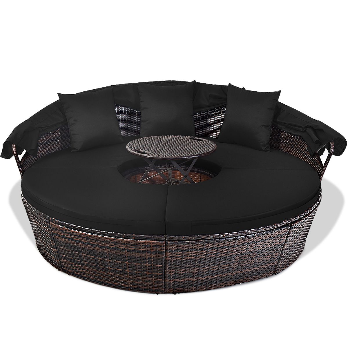 Lit de Jardin Rond d'Exterieur Table Relevable Modulable & Convertible - Pare Soleil Réglable rotin PE Coussins Inclus Noir