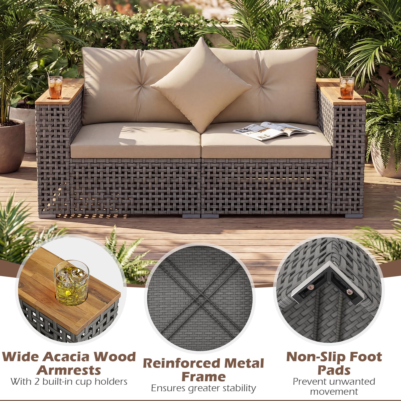 Tangkula 62.5" Large Patio Wicker Loveseat with Acacia Wood Armrests & Cup Holders