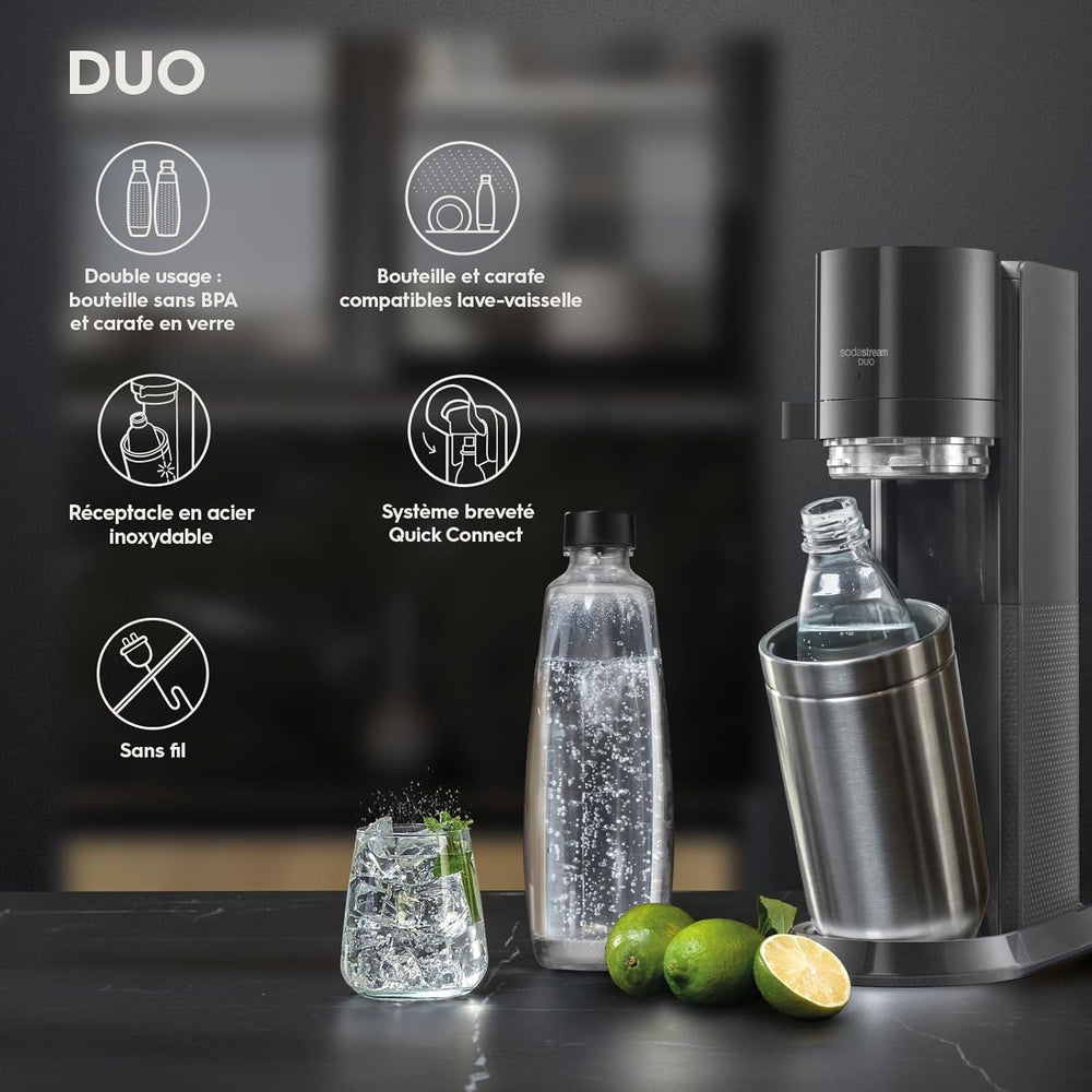 SodaStream Duo Sparkling Water Machine for Glass Jug | Pack of 2 Glass Jugs 1L + 1 Bottle 1L Dishwasher Safe + 1 60L Gas Refill Clip On | Black [Amazon Exclusive]