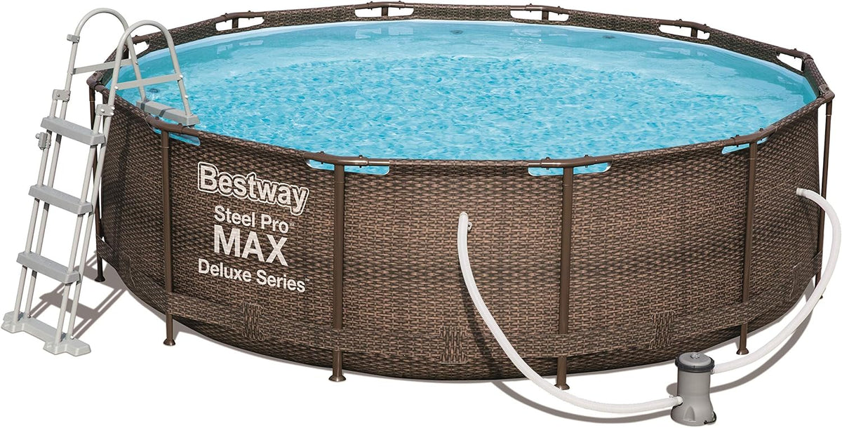Bestway Power Steel Deluxe Piscine tubulaire ronde avec cadre en acier solide Kit complet Aspect rotin 366 x 100 cm, Marron