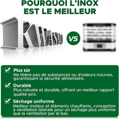 Kwasyo Food Dehydrator Stainless Steel 8 Trays Temperature Regulator 30-90°C 24H Timer Function BPA Free Dehydrator for Fruit, Meat, Vegetables