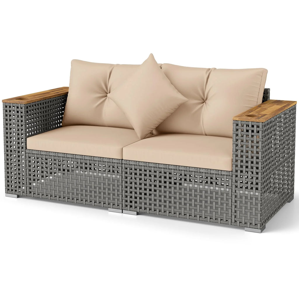 Tangkula 62.5" Large Patio Wicker Loveseat with Acacia Wood Armrests & Cup Holders